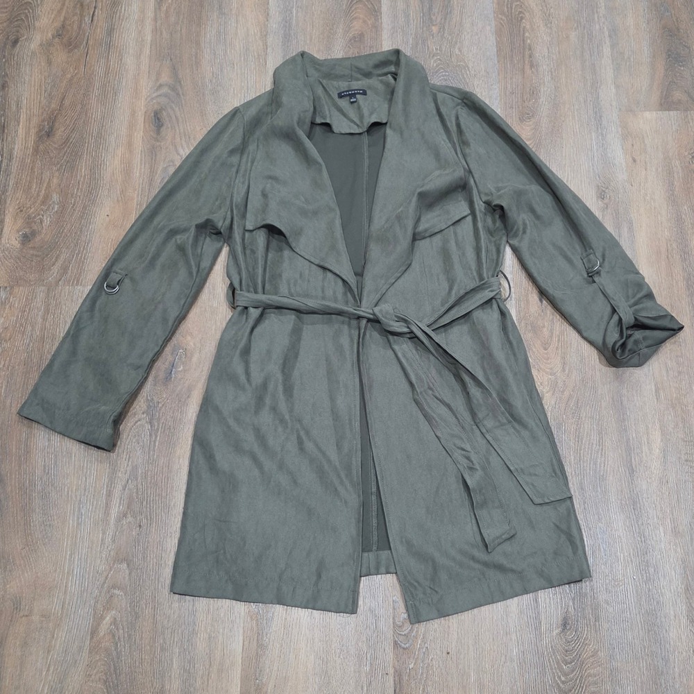 Staccato Olive Green Open Front Draped Trench Coat Roll Tab Sleeve Large